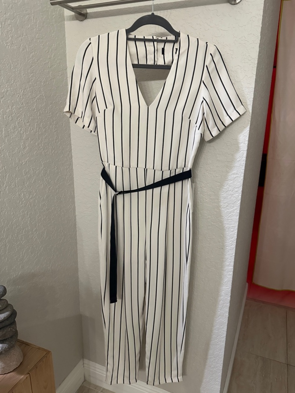 Striped White and Black V-Neck jumpsuit with Tie Waist